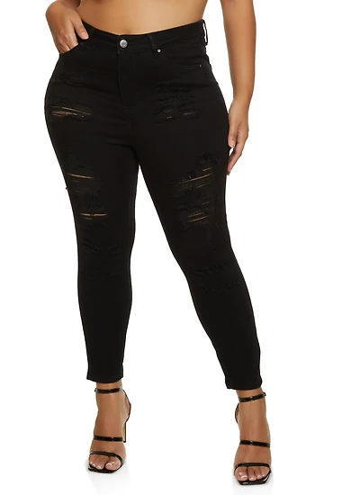 Womens Plus Size WAX Distressed Skinny Leg Jeans, Black, Size 16