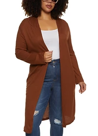 Plus Waffle Knit Hooded Long Cardigan
