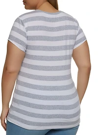 Womens Plus Striped Crew Neck Tee, Grey,