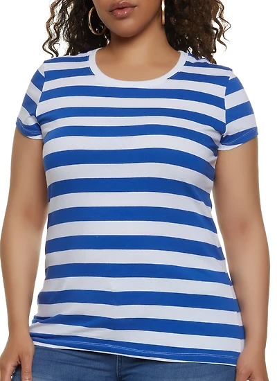 Womens Plus Size Striped Crew Neck Tee, Blue, Size 1X