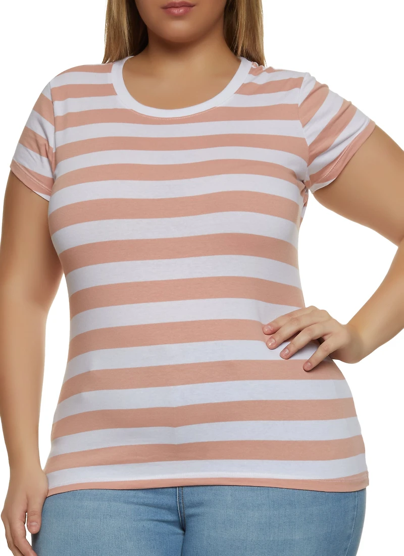 Womens Plus Striped Crew Neck Tee, Multi,