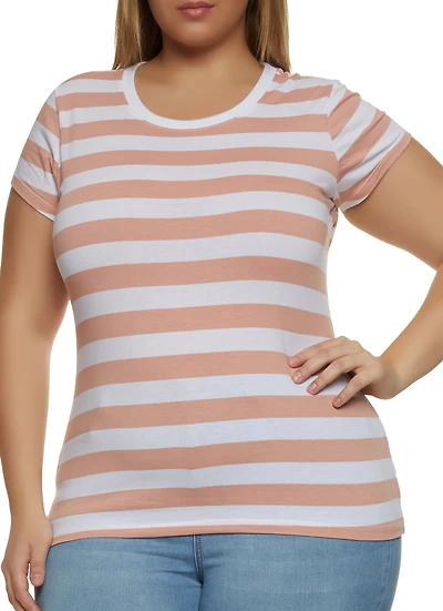 Womens Plus Striped Crew Neck Tee, Multi,