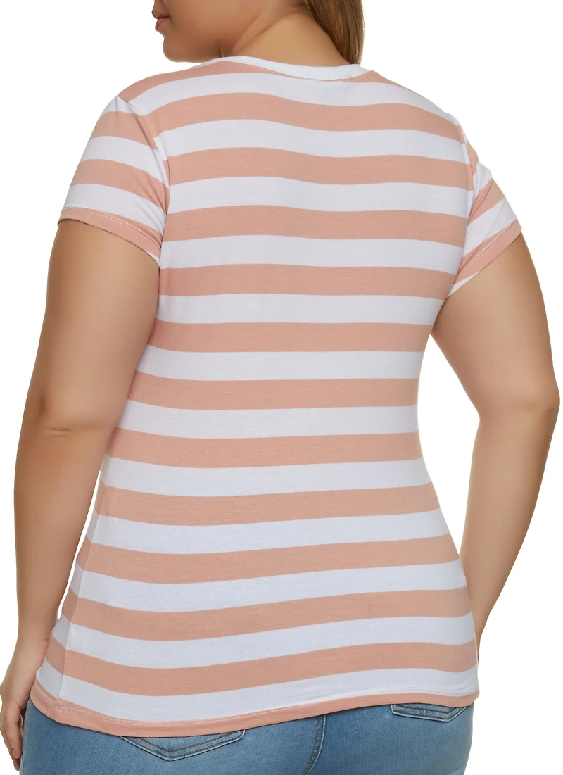 Womens Plus Striped Crew Neck Tee, Multi,