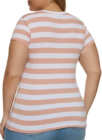 Womens Plus Striped Crew Neck Tee, Multi,