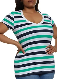 Plus Striped V Neck Short Sleeve Tee