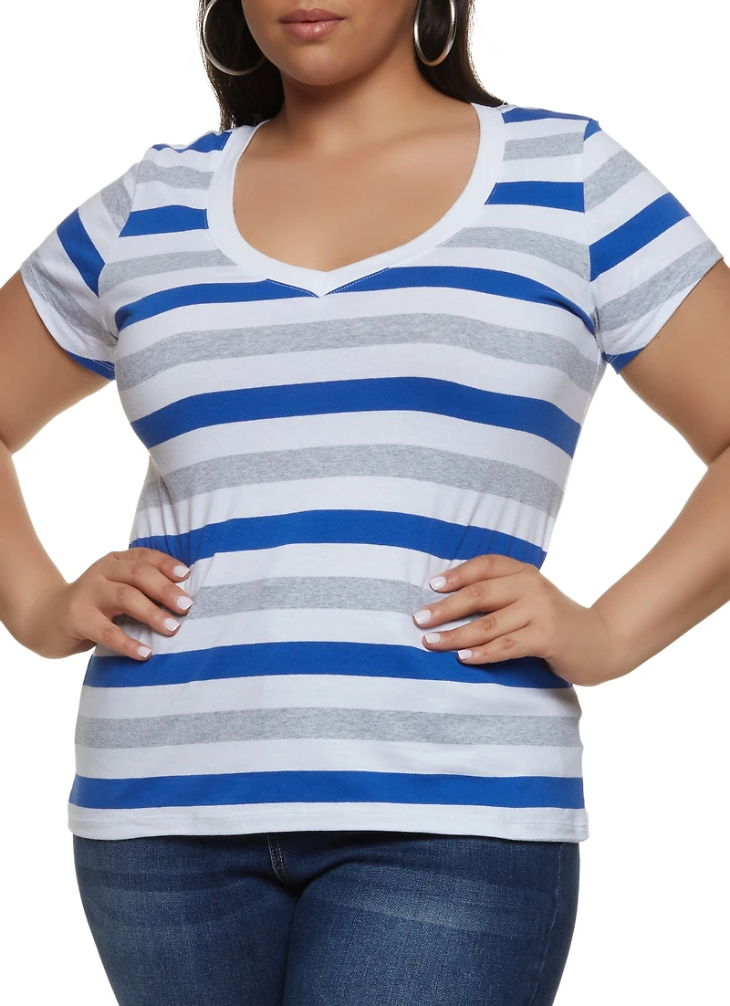 Plus Striped V Neck Short Sleeve Tee