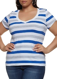 Plus Striped V Neck Short Sleeve Tee