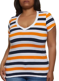 Plus Striped V Neck Short Sleeve Tee