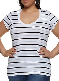 Plus Basic Striped V Neck Tee