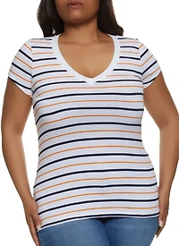 Plus Basic Striped V Neck Tee