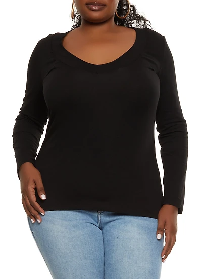 Plus Solid V Neck Long Sleeve Tee