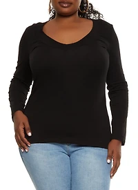 Plus Solid V Neck Long Sleeve Tee
