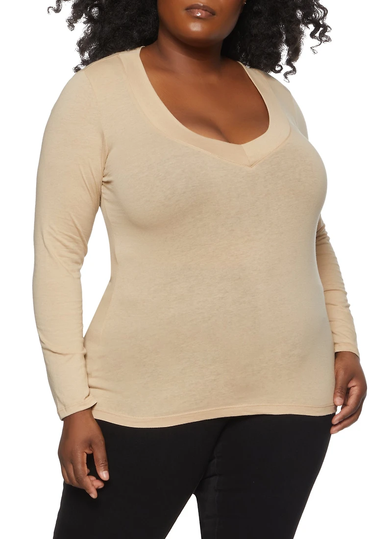 Womens Plus Size Solid V Neck Long Sleeve Tee, Beige, Size 2X