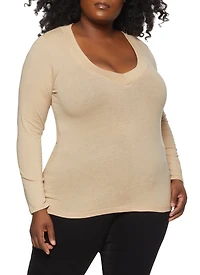 Womens Plus Size Solid V Neck Long Sleeve Tee, Beige, Size 2X