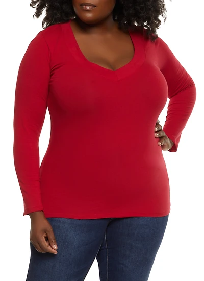 Womens Plus Size Solid V Neck Long Sleeve Tee, Red, Size 1X