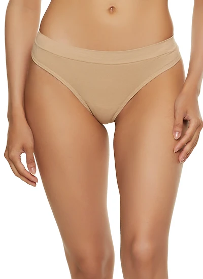 Womens Seamless Solid Thong Panty, Khaki, Size L