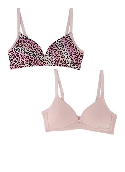 Womens Girls 2 Pack Leopard Print Bras, Pink, Size 36A
