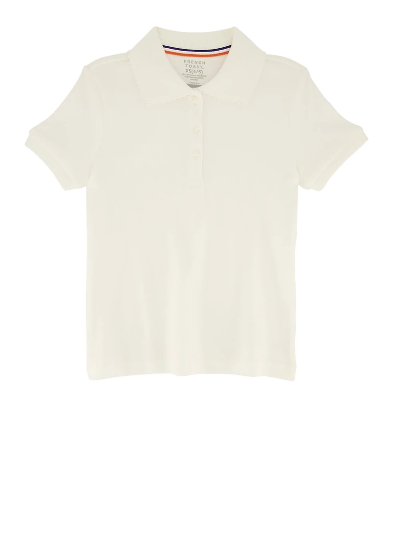 French Toast Girls 4-6x Picot Collar Interlock Polo Shirt, White, Size 4-5