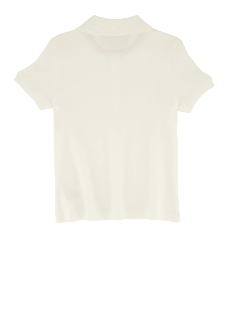 French Toast Girls 4-6x Picot Collar Interlock Polo Shirt, White, Size 6-6X