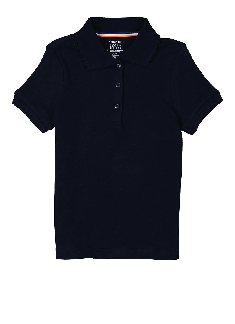 French Toast Girls 4-6x Short Sleeve Picot Trim Polo Shirt, Blue, Size 4-5