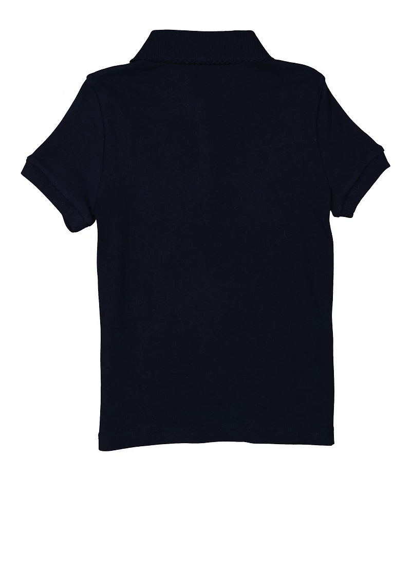 French Toast Girls 4-6x Short Sleeve Picot Trim Polo Shirt, Blue, Size 4-5