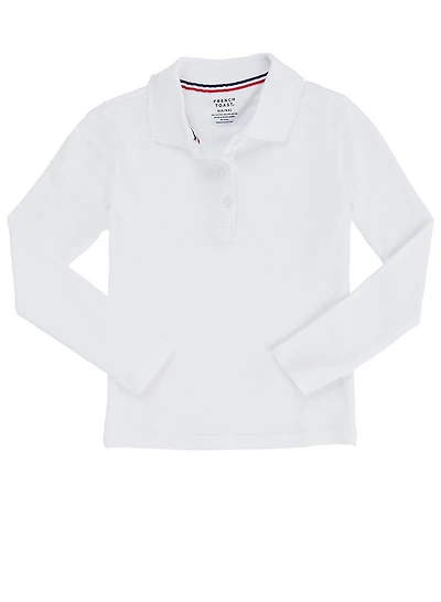 French Toast Girls 4-6x Long Sleeve Interlock Polo Shirt, White, Size XS