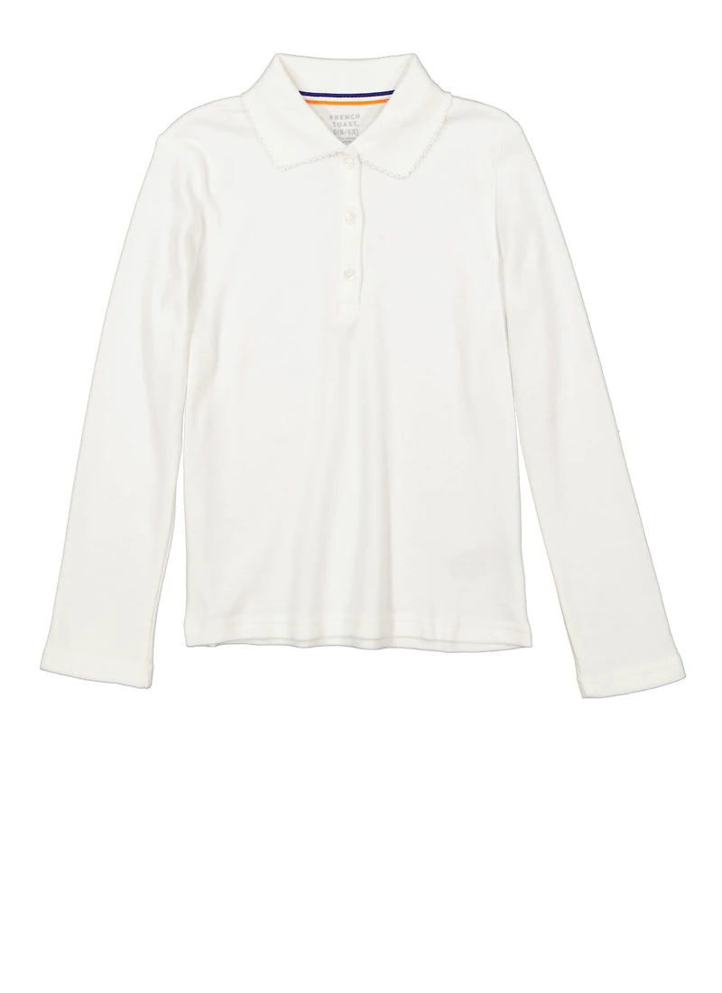 French Toast Girls 4-6x Long Sleeve Picot Collar Polo Shirt, White, Size 4-5