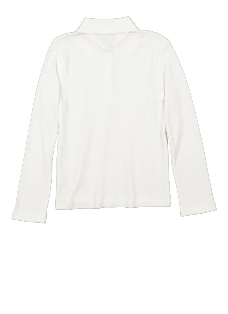 French Toast Girls 4-6x Long Sleeve Picot Collar Polo Shirt, White, Size 4-5