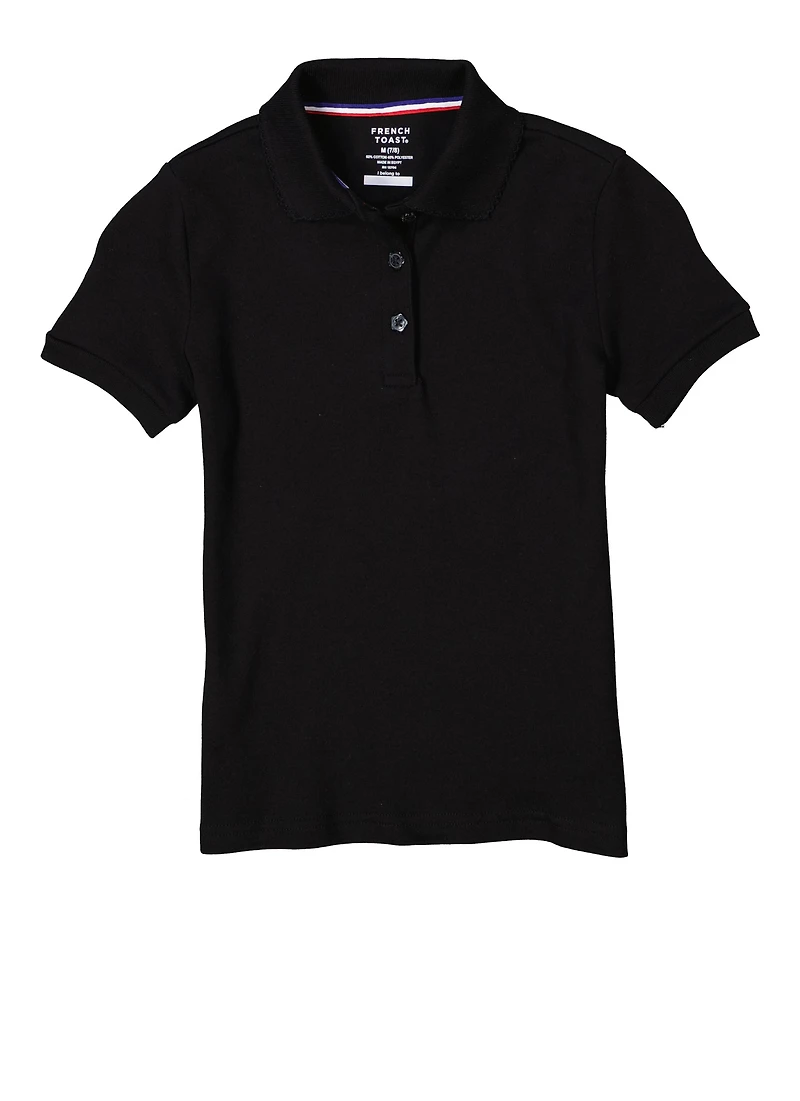 French Toast Girls 7-16 Picot Collar Polo Shirt, Black, Size 7-8