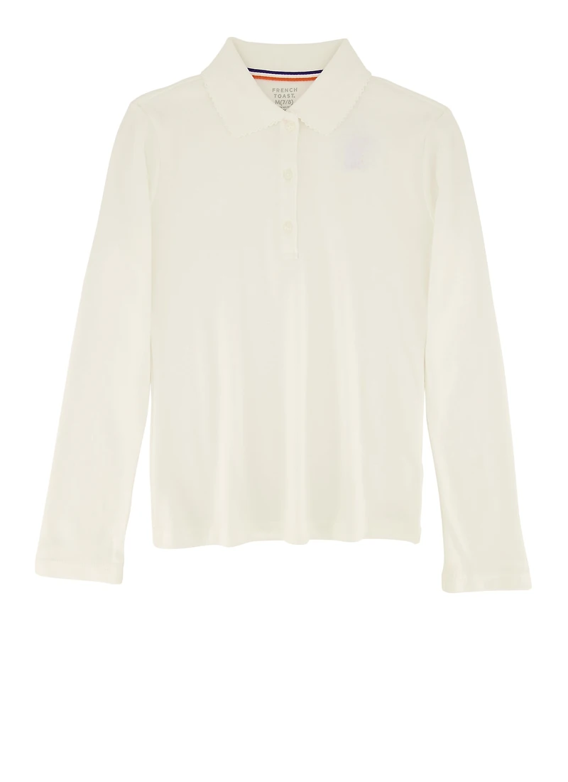 French Toast Girls 7-16 Picot Collar Long Sleeve Polo Shirt, White, Size 7-8