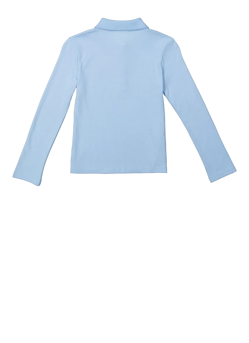 French Toast Girls 7-16 Long Sleeve Picot Collar Interlock Polo, Blue, Size 14-16