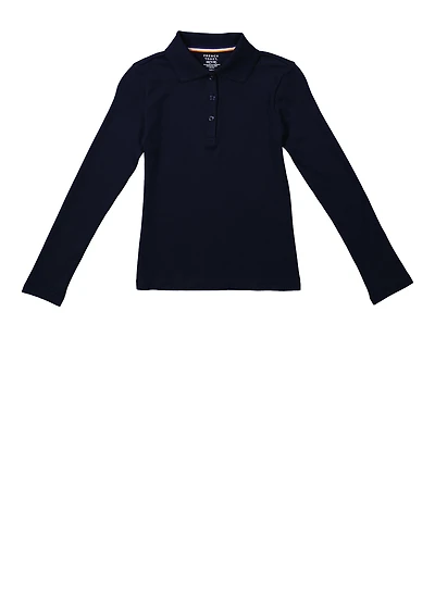 French Toast Girls 7-16 Solid Long Sleeve Picot Collar Interlock Polo, Blue, Size 7-8