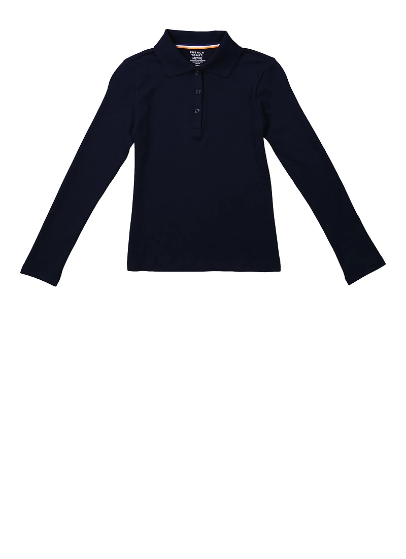 French Toast Girls 7-16 Solid Long Sleeve Picot Collar Interlock Polo, Blue, Size 7-8