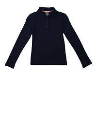 French Toast Girls 7-16 Solid Long Sleeve Picot Collar Interlock Polo, Blue, Size 7-8