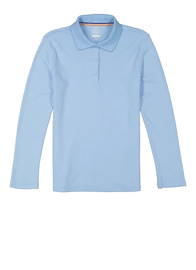 French Toast Girls 16-20 Long Sleeve Interlock Polo Shirt, Blue, Size 18-20H