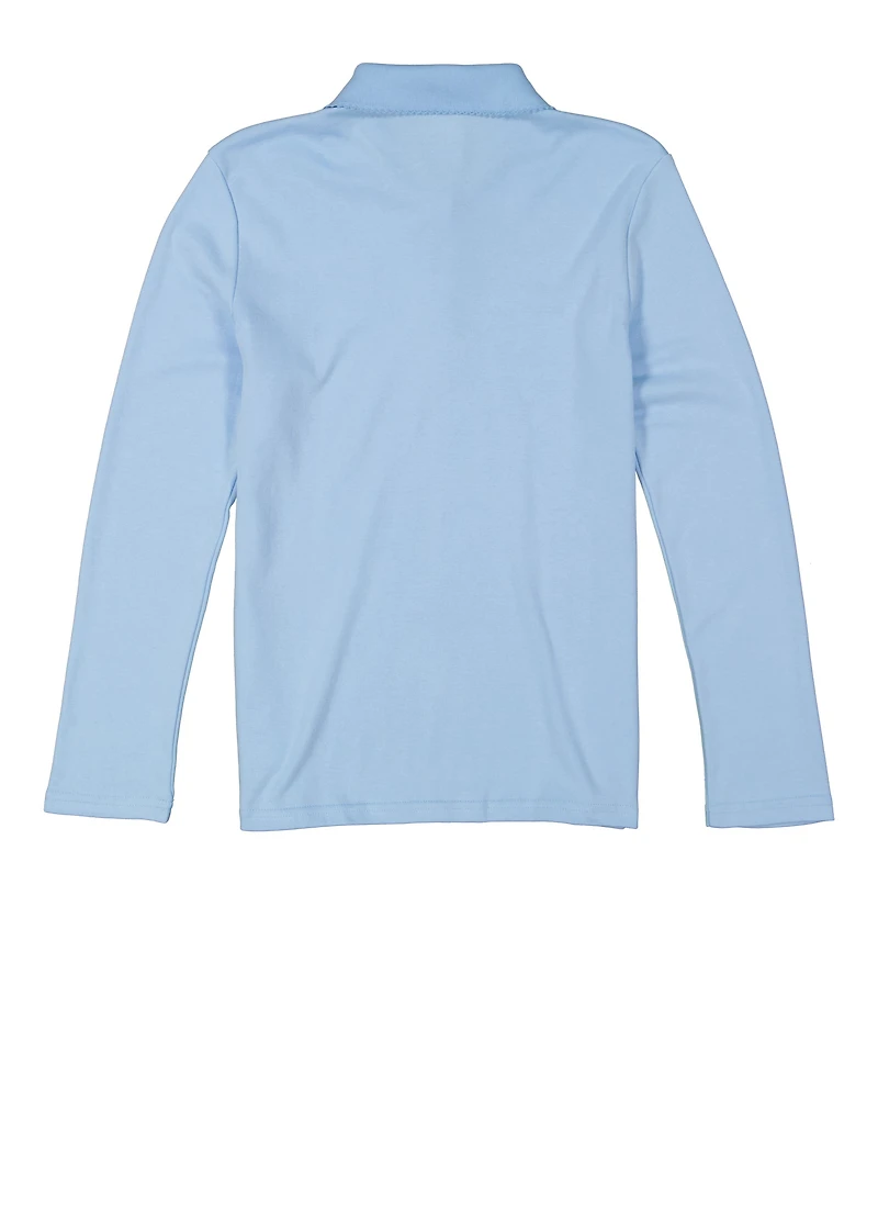 French Toast Girls 16-20 Long Sleeve Interlock Polo Shirt, Blue, Size 18-20H