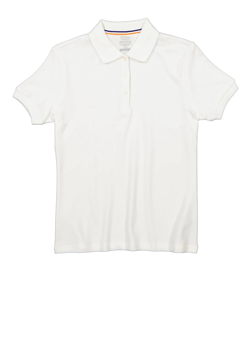 French Toast Girls Plus Size 10.5-20.5 Solid Picot Collar Polo, White, Size 18-20P