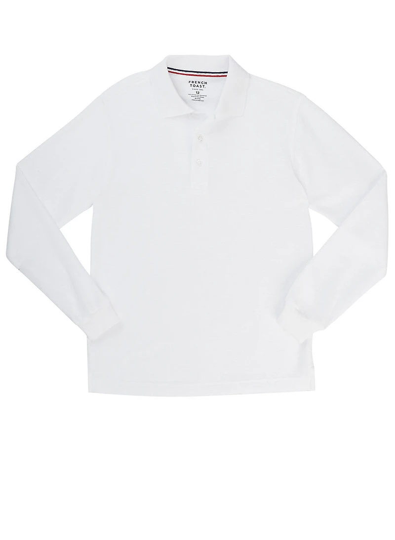 French Toast Boys 8-16 Solid Long Sleeve Pique Polo, White, Size XL