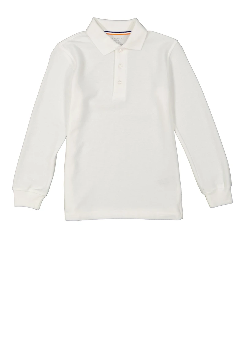 French Toast Boys 8-16 3 Button Long Sleeve Pique Polo, White, Size 8