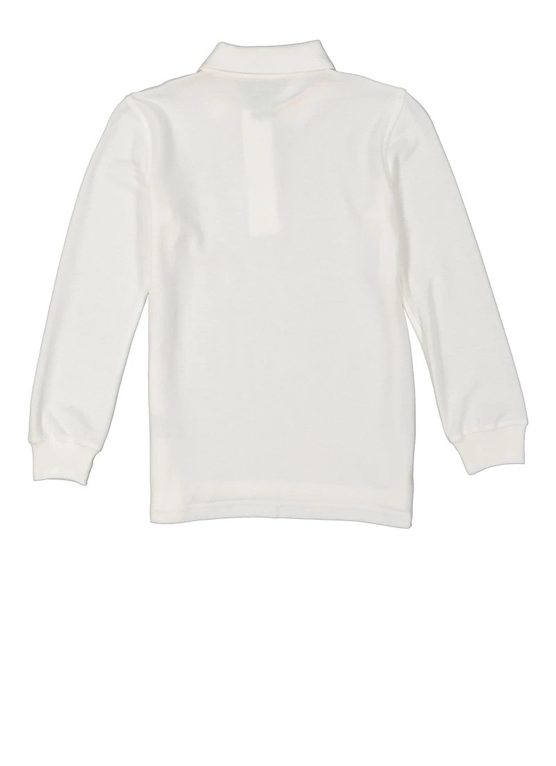 French Toast Boys 8-16 3 Button Long Sleeve Pique Polo, White, Size 8