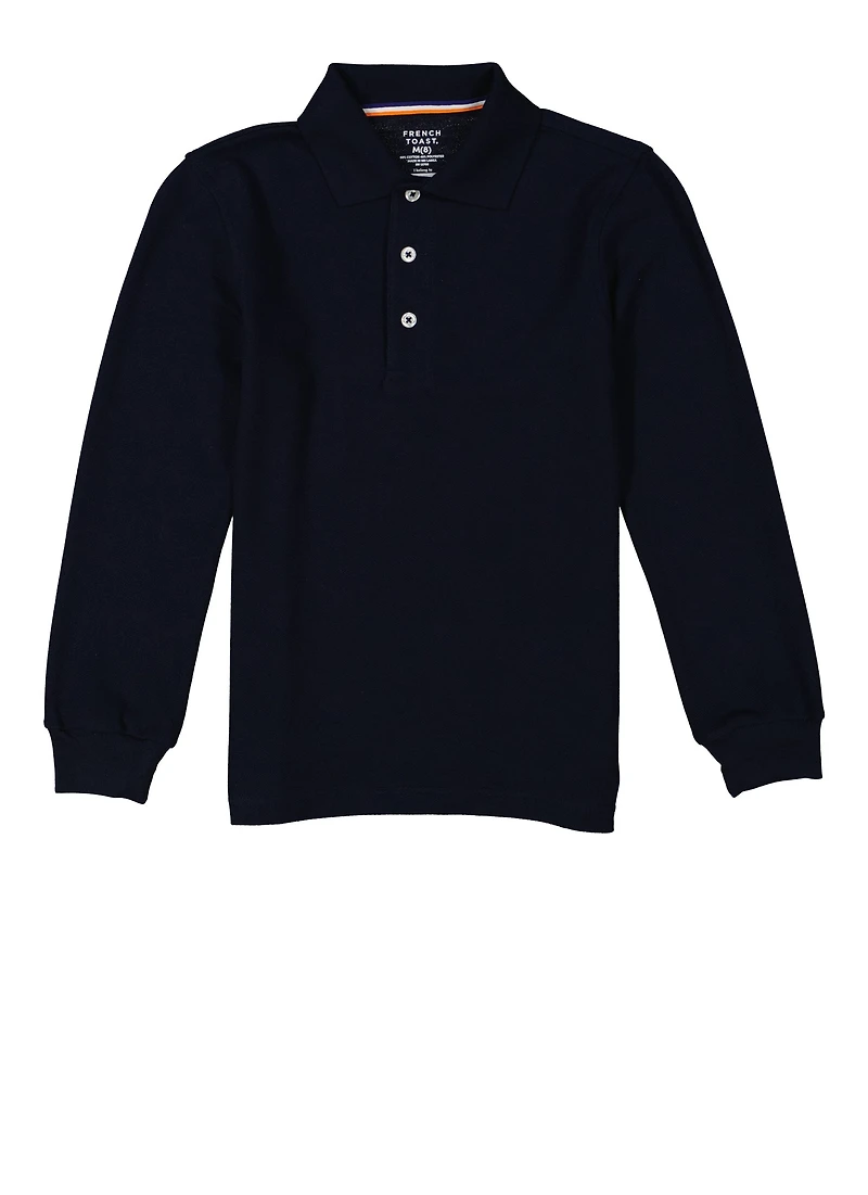 French Toast Boys 8-16 Long Sleeve Solid Pique Polo, Blue, Size 14-16