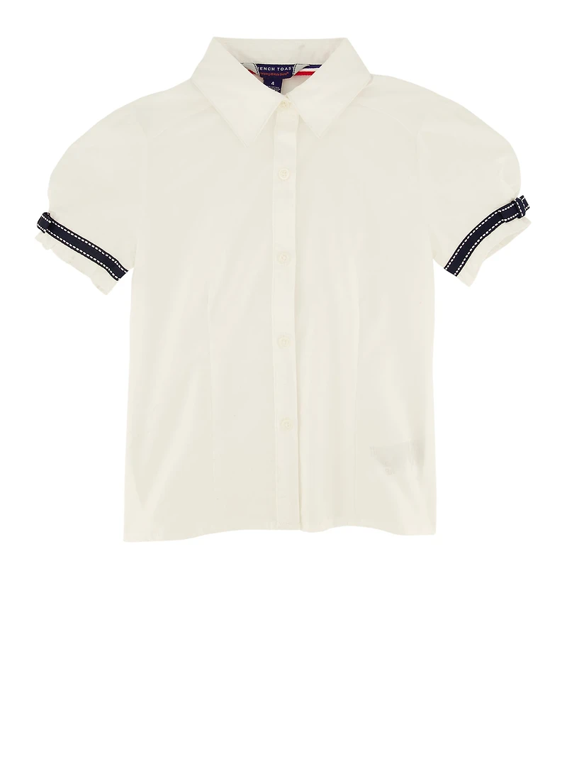 French Toast Girls 4-6x Short Sleeve Ribbon Detail Blouse, White, Size 6