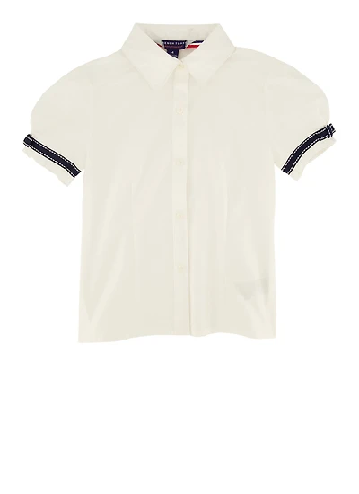 French Toast Girls 4-6x Short Sleeve Ribbon Detail Blouse, White, Size 6
