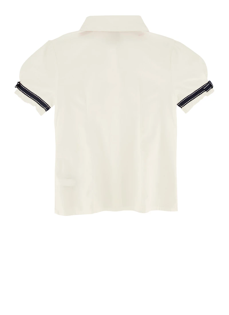 French Toast Girls 4-6x Short Sleeve Ribbon Detail Blouse, White,