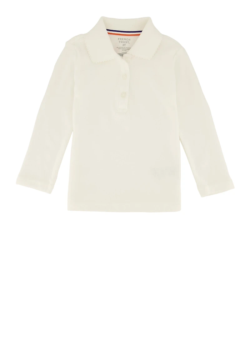 French Toast Girls 2T-4T Picot Collar Long Sleeve Polo, White, Size 3T