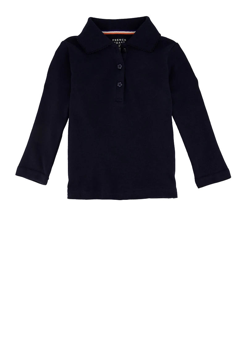 French Toast Girls 2T-4T Picot Collar Long Sleeve Polo Shirt, Blue, Size 4T