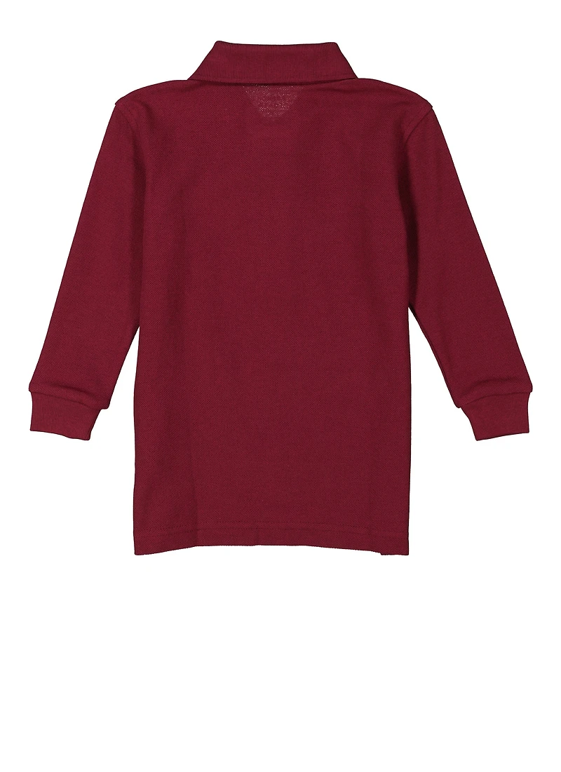 French Toast Boys 2T-4T Long Sleeve Pique Polo, Burgundy, Size 2T