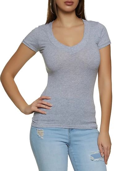 Womens Basic V Neck Short Sleeve Tee, Grey, Size M