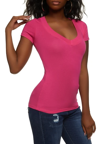 Womens Basic V Neck Short Sleeve Tee, Pink,