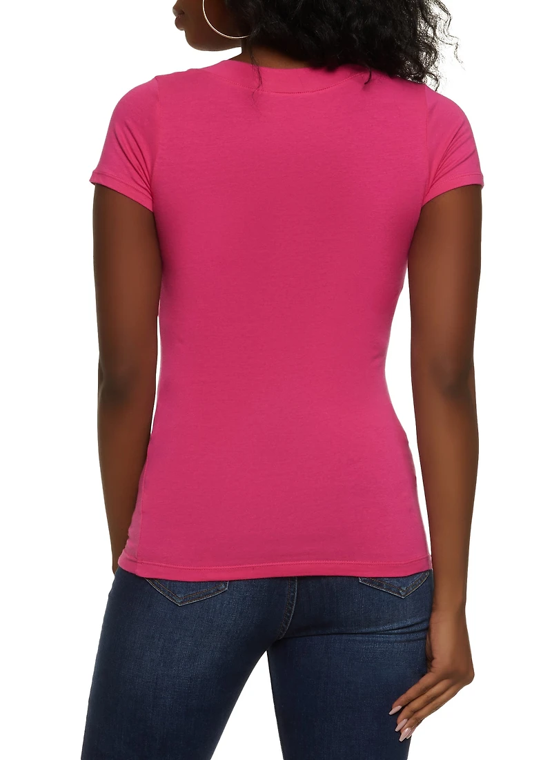 Womens Basic V Neck Short Sleeve Tee, Pink,